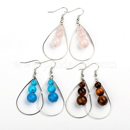 Dangling Gemstone Round Beads Earrings EJEW-JE01083-1