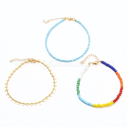 Bracelets de cheville en perles de rocaille de verre et chaînes gourmettes en laiton AJEW-AN00315-1