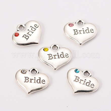 Wedding Theme Antique Silver Tone Tibetan Style Heart with Bride Rhinestone Charms X-TIBEP-N005-12-1