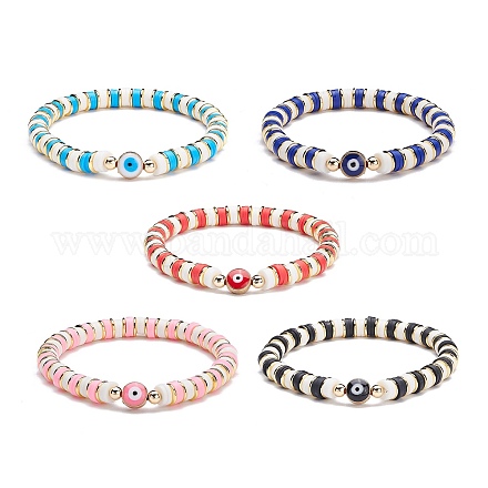 5 Stück 5 Farben synthetischer Hämatit & Fimo Heishi Perlen Stretch Armbänder Set BJEW-SZ0002-05-1