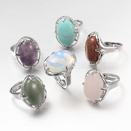 Adjustable Oval Gemstone Wide Band Rings RJEW-L062-01-1