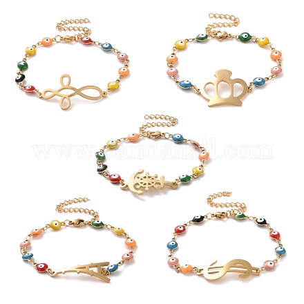 Placage sous vide 304 bracelet à maillons en acier inoxydable avec des chaînes de mauvais œil en émail coloré pour les femmes BJEW-B062-01G-1