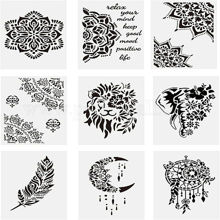 BENECREAT 9PCS 12x8 Inches Floral Lion Template Stencil Feather Moon Painting Stencil for Art Craft Painting Scrabooking and Decoration DIY-WH0172-031-1
