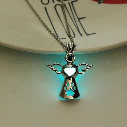 Alloy Angel Cage Pendant Necklace with Luminous Plastic Beads LUMI-PW0001-075P-01-1