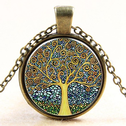 Flat Round with Tree Glass Alloy Pendant Necklaces NJEW-N0051-047H-01-1