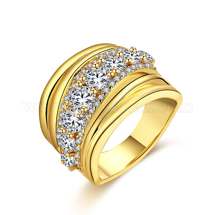 真鍮製マイクロパヴェキュービックジルコニア指輪指輪  ワイドバンドリング  透明  ゴールドカラー  サイズ7  内径：17.3mm RJEW-BB39437-G-7-1