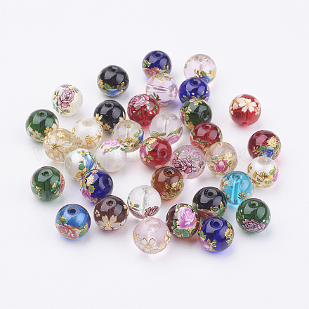 Perle di vetro stampate con fiori GLAA-F066-01M-1