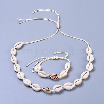 Collana di perline regolabili conchiglia e set di gioielli bracciali SJEW-JS01019-02-1