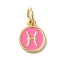 Real 18K Gold Plated Brass Enamel Charms, with Jump Ring, Long-Lasting Plated, Lead Free & Cadmium Free, Flat Round with Pisces Charms, Pearl Pink, 10x8x1mm, Hole: 4mm
