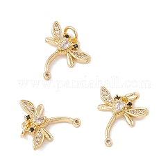 Micro pavé de latón encantos de circonita cúbica transparente y negra, con anillo de salto, sin plomo y cadmio, libélula, real 18k chapado en oro, 14.5x14x3.5mm, agujero: 3 mm