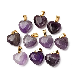 Pendentifs en améthyste naturelle, avec les accessoires en laiton de tonalité d'or, charme coeur gonflé, 18x15~15.5x6~8mm, Trou: 6x3mm