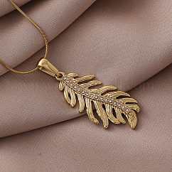 Collier pendentif feuille en acier inoxydable 304, cristal et strass pour femme, or, 15.75 pouce (40 cm)