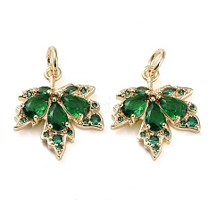 Rack-Plattierung Messing klare Zirkonia-Anhänger, langlebig plattiert, cadmiumfrei und bleifrei, mit Ringe springen, Blatt, echtes 14k vergoldet, 19.5x17x3.5 mm, Bohrung: 4 mm