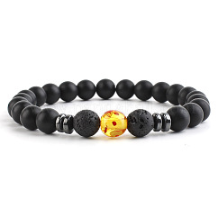 Bracelets extensibles en perles d'ambre synthétique rondes pour femmes et hommes, avec des perles d'onyx noir givrées