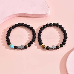 2 pz braccialetti elastici semplici fatti a mano in perle rotonde di ossidiana nera naturale&nbsp;PF0361