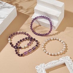 4pcs 4 Stil natürliche Amethyst & weißer verrückter Achat & Messingperlen Stretch-Armbänder Set&nbsp;BJEW-JB08998