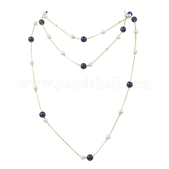 Collares largos de cadena Boston de latón con lapislázuli natural redondo y perla de concha&nbsp;NJEW-JN05722-01