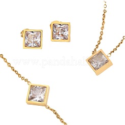 Rhombus 304 Edelstahl Pavé klare Zirkonia Link Armbänder & Ohrstecker & Anhänger Halsketten&nbsp;FS-WG48BD9-01