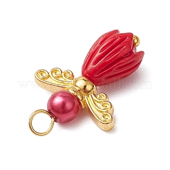 Perline di fiori di resina opaca con perline rotonde di perle di vetro e perline di ali di fata in lega in stile tibetano e perni con testa a sfera in ottone pendenti&nbsp;PALLOY-JF03594