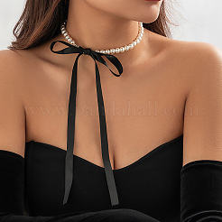 Bowknot Satinkordel Kunststoff Imitationsperle runde Perlen Chokerhalsketten für Frauen&nbsp;WG8633D-01