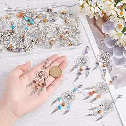 24 pièces 12 couleurs tissé net/web avec des décorations de pendentif en alliage de style tibétain d'aile&nbsp;HJEW-AB00238