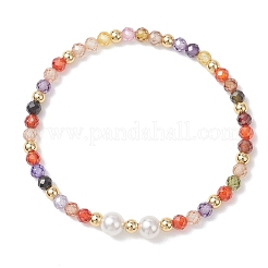 Braccialetti elastici con perline rotonde in zirconia cubica e perle di conchiglia per donna&nbsp;BJEW-JB13280-01