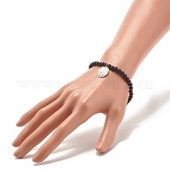 Bracciale elasticizzato in pietra lavica naturale con perline rotonde e charm foglia&nbsp;BJEW-JB07587-03
