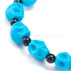 Bracelet extensible en perles de crâne de jade mashan naturel avec breloque croisée en turquoise synthétique (teinte)&nbsp;BJEW-JB08378-04