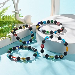Bracciale elasticizzato in pietra lavica naturale e perle di vetro millefiori&nbsp;BJEW-JB07489