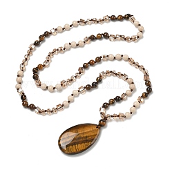 Colliers longs en perles de verre avec pendentif en forme de larme en œil de tigre naturel&nbsp;GG-CBAE048-01A