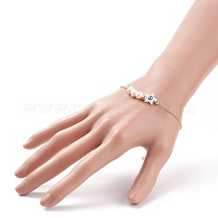 Bracciale a maglie con perla naturale e conchiglia con malocchio e catene in ottone da donna&nbsp;BJEW-JB08329-01
