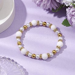 Bracelets extensibles ronds en acier inoxydable 304 et perles de jade blanc naturel pour femmes&nbsp;BJEW-JB11055-01
