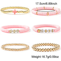6 Stück 6 Stile Messing Runde Perlen Stretch-Armband & Polymer Clay Heishi Perlen Stretch-Armband-Set&nbsp;TA0398-1