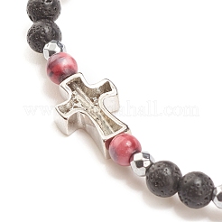 Bracciale elasticizzato con perline in pietre preziose naturali e sintetiche con croce in zirconi chiari da donna&nbsp;BJEW-JB08247-01