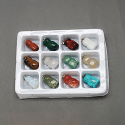 Pendentifs chaton pierres précieuses, avec fermoirs en laiton, pierre mixte, Forme de chat 3d, couleur mixte, 23x13x11mm, Trou: 6x2mm, 12 pcs / boîte