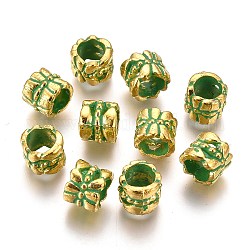 Perles européennes en alliage, Perles avec un grand trou   , colonne, sans cadmium et sans plomb, patine dorée et verte, 7.5x6.7mm, Trou: 5mm