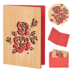 Craspire-Rechteck mit gemusterten Grußkarten aus Holz, mit roter Papierinnenseite, mit rechteckigen Umschlägen aus leerem Papier, Rosenmuster, Grußkarte aus Holz: 1St, Umschläge: 1St
