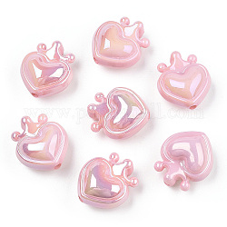 UV Plating Opaque Rainbow Iridescent Acrylic Beads, Heart with Crown, Pink, 24.5x21.5x14mm, Hole: 3mm