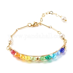 Bracelet en perles naturelles et perles de verre à facettes pour femme adolescente, bracelet chaîne à maillons en laiton, or, colorées, 6-1/4 pouce (16 cm)