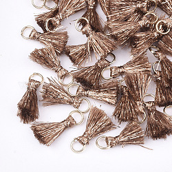 Colgantes de borla de poliéster, con cordón metálico y anillas de hierro, dorado, saddle brown, 10~15x5~8mm, agujero: 3.5 mm