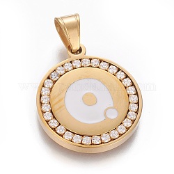 304 Stainless Steel Enamel Pendants, with Cubic Zirconia, Flat Round with Letter, Golden, Clear, Letter.Q, 29x25x3mm, Hole: 5.5x8.5mm