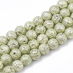 Fili di perle di roccia lavica naturale elettrodeposta, tondo, accidentato, verde giallo, 6~6.5mm, Foro: 1 mm, circa 63pcs/filo, 15.5 pollice