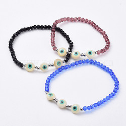 Bracelets stretch avec perles en verre, avec des perles de coquille d'eau douce mauvais œil et des perles en acier inoxydable, couleur mixte, 2-1/8 pouce (5.5 cm)