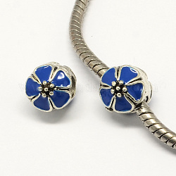 Perles européennes alliage émail fleur de style grand trou, argent antique, bleu royal, 10x11mm, Trou: 4mm