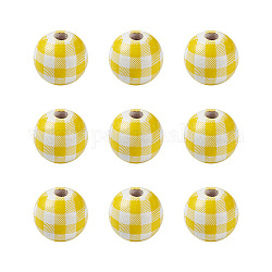 Perle di legno naturali, perline a quadri, Modello tartan, tondo, giallo, 5/8 pollice (16 mm), Foro: 4 mm