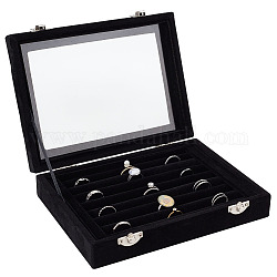 Boîtes de présentation de bagues à bijoux en velours à 8 fente, Boîtier organisateur de bagues à fenêtre visible en verre avec fermoirs en alliage de ton platine, rectangle, noir, 20.4x15.7x4.6 cm