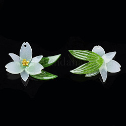 Pendentifs en plastique, avec perles en acier inoxydable plaqué or, fleur, verte, 22x28~29x7~8mm, Trou: 1.2mm