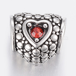 304 perles en strass européennes en acier inoxydable, Perles avec un grand trou   , cœur, ruby, argent antique, 10x11x8.5mm, Trou: 5mm