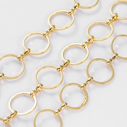 Brass Handmade Chains, with Spool,  Golden Color,  Mother Link: 12mm in diameter,  0.8mm thick,  Son Link: 1.2mm wide,  7.5mm long,  0.5mm thick, about 10m/roll