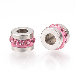 Cuentas de rhinestone de 201 acero inoxidable, columna, rosa, 7x5mm, agujero: 3 mm